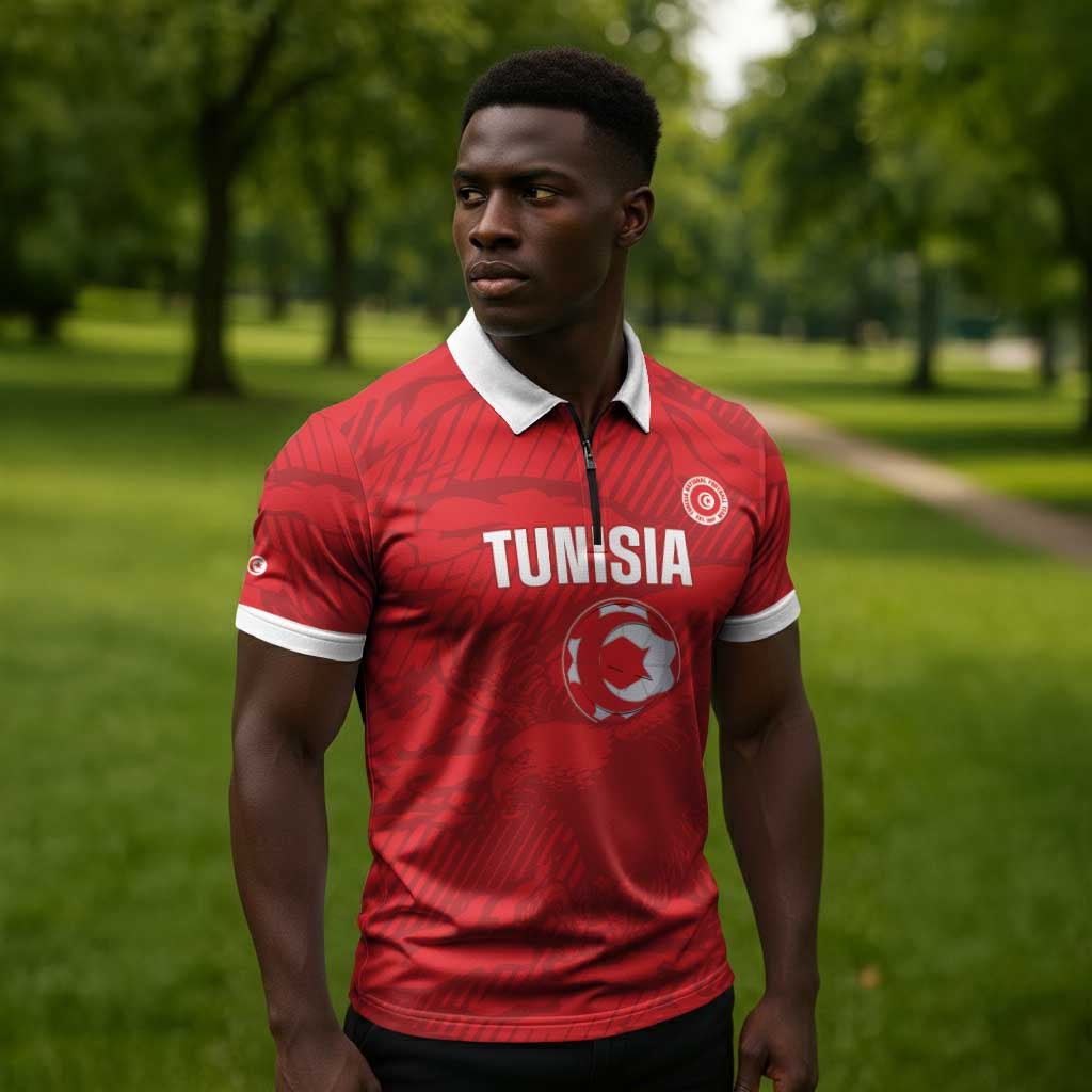 Custom Tunisia Football Zipper Polo Shirt 2026 Eagles of Carthage Red Grunge - African Pride