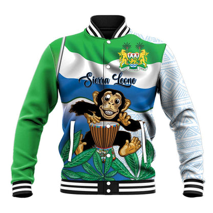 Personalised Afro Sierra Leone Baseball Jacket Chimp With Drum - Happy Independence Day