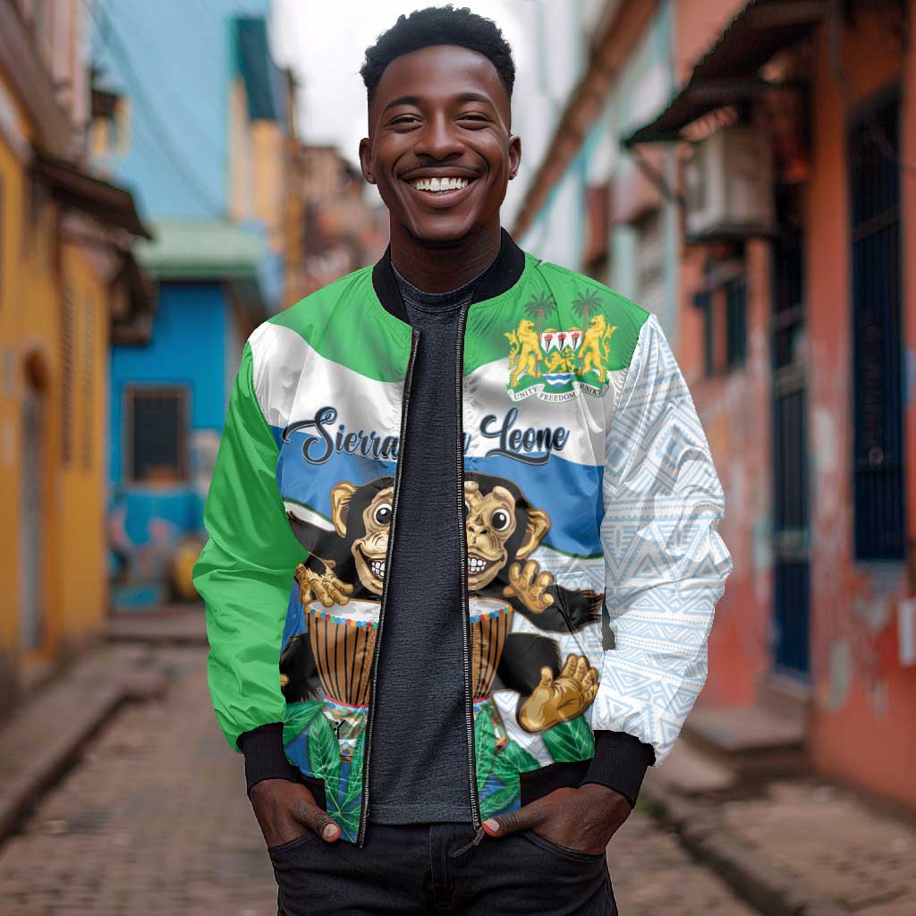 Personalised Afro Sierra Leone Bomber Jacket Chimp With Drum - Happy Independence Day