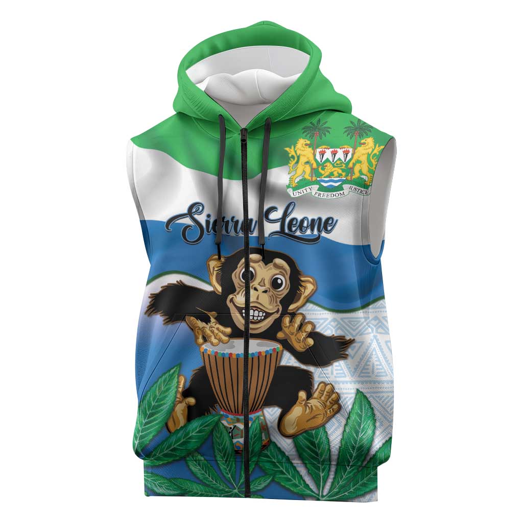 Personalised Afro Sierra Leone Sleeveless Zip Hoodie Chimp With Drum - Happy Independence Day - African Pride
