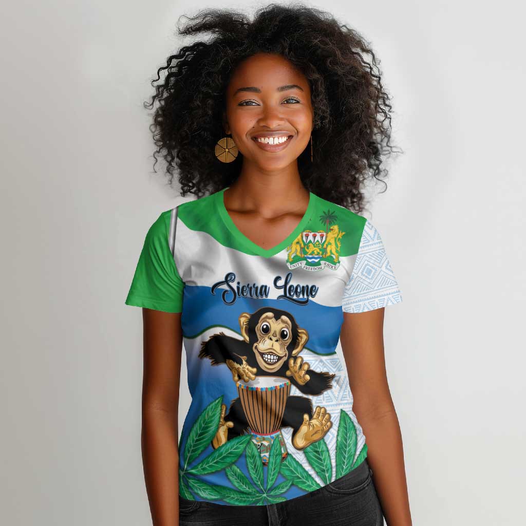 Personalised Afro Sierra Leone Women V-Neck T-Shirt Chimp With Drum - Happy Independence Day