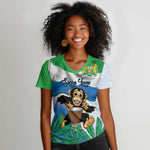 Personalised Afro Sierra Leone Women V-Neck T-Shirt Chimp With Drum - Happy Independence Day