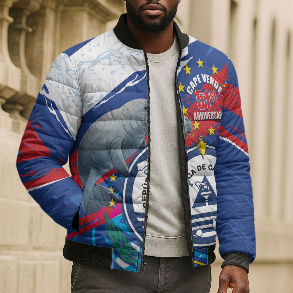Personalized Cape Verde Independence Day Bomber Puffer Jacket 51st Anniversary Manatee Coat Of Arms