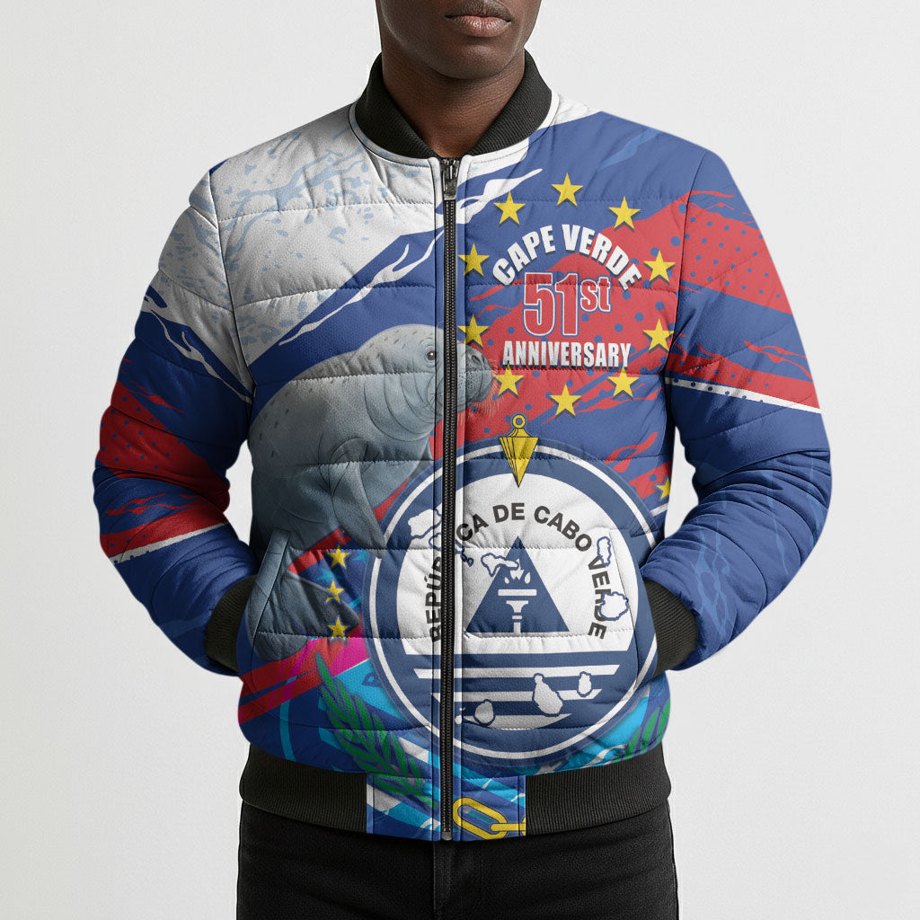 Personalized Cape Verde Independence Day Bomber Puffer Jacket 51st Anniversary Manatee Coat Of Arms