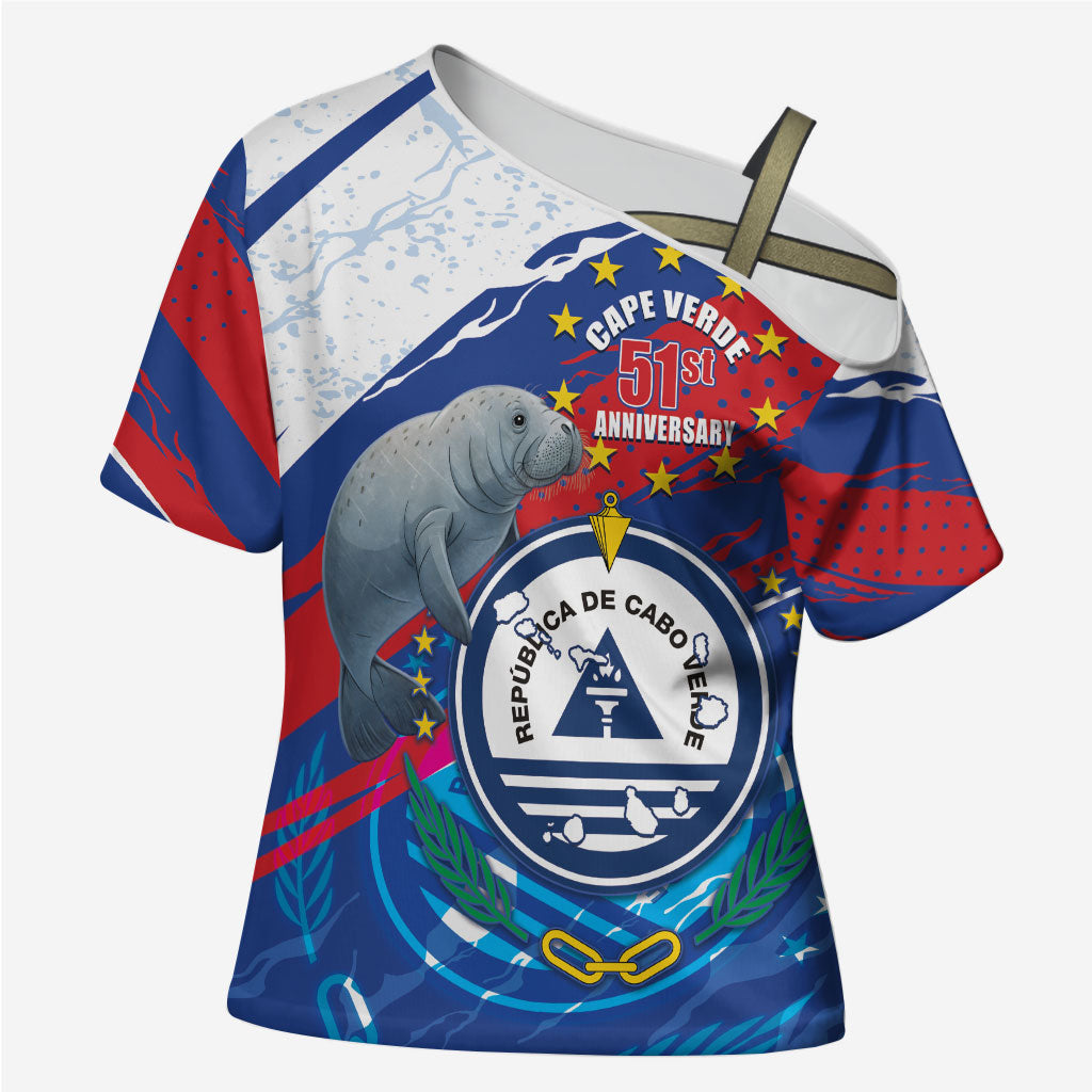 Personalized Cape Verde Independence Day Cross Shoulder Shirt 51st Anniversary Manatee Coat Of Arms