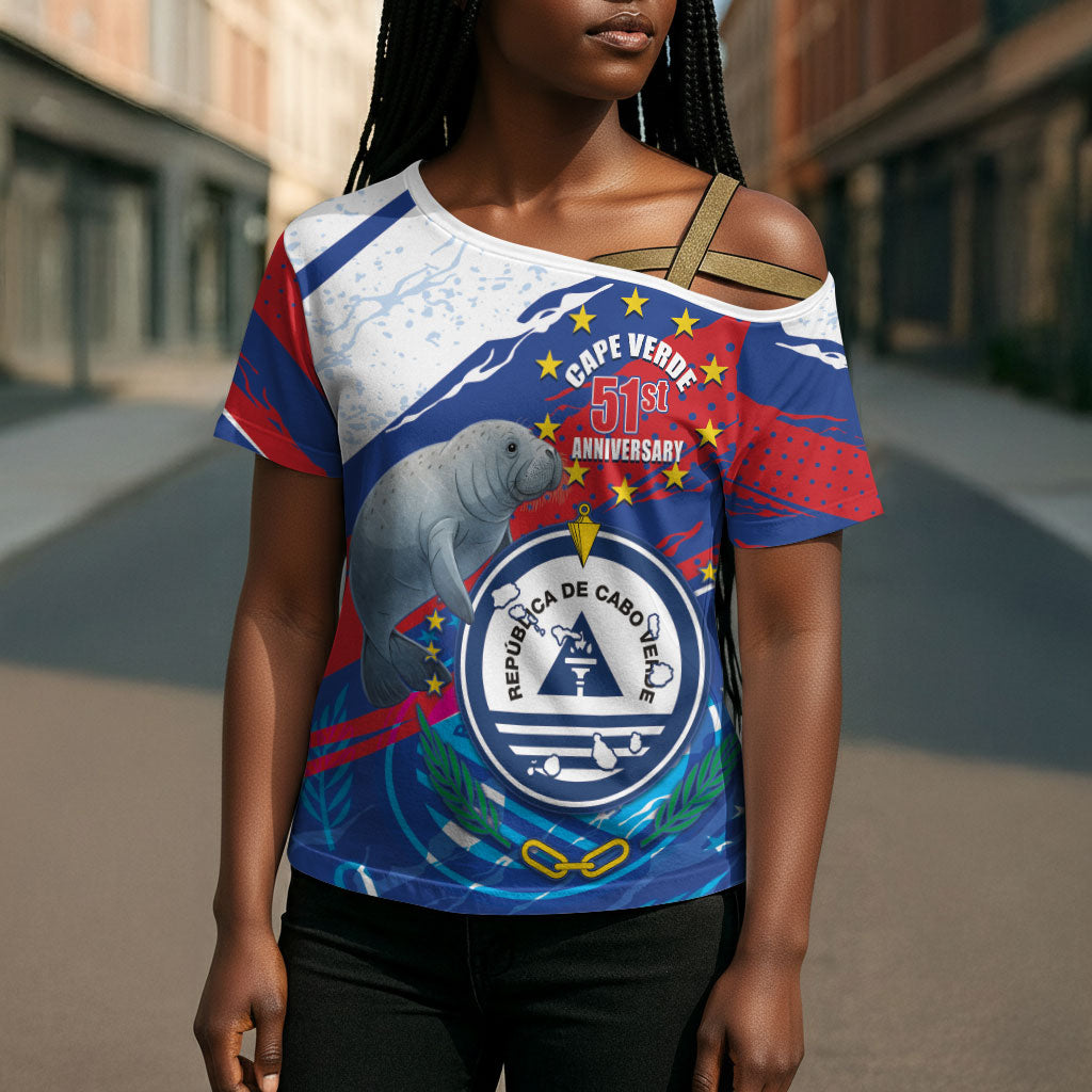 Personalized Cape Verde Independence Day Cross Shoulder Shirt 51st Anniversary Manatee Coat Of Arms