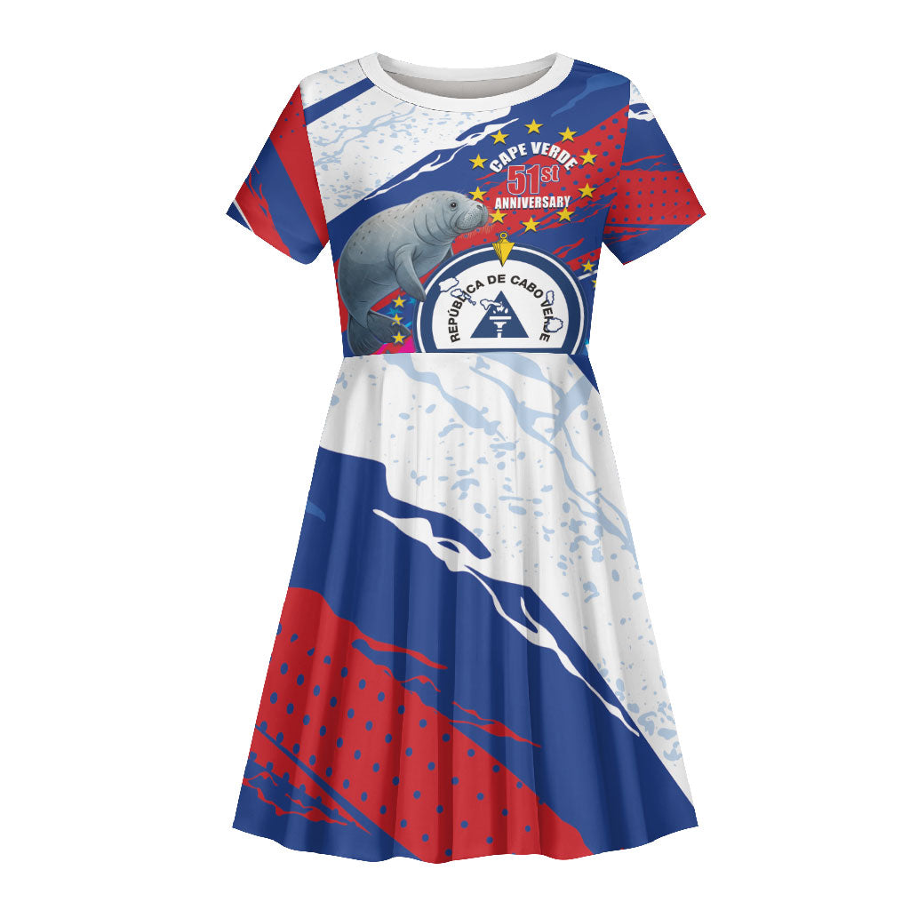 Personalized Cape Verde Independence Day Kid Short Sleeve Dress 51st Anniversary Manatee Coat Of Arms
