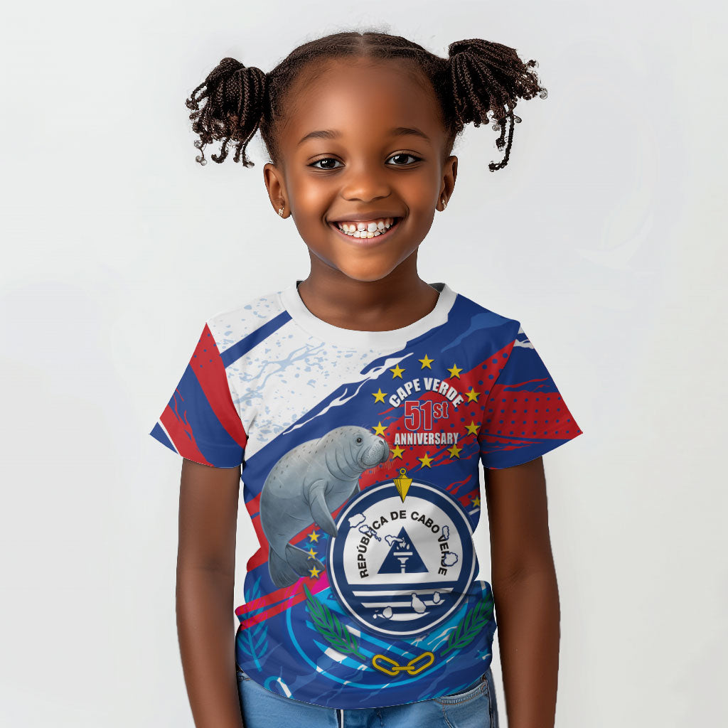 Personalized Cape Verde Independence Day Kid T shirt 51st Anniversary Manatee Coat Of Arms
