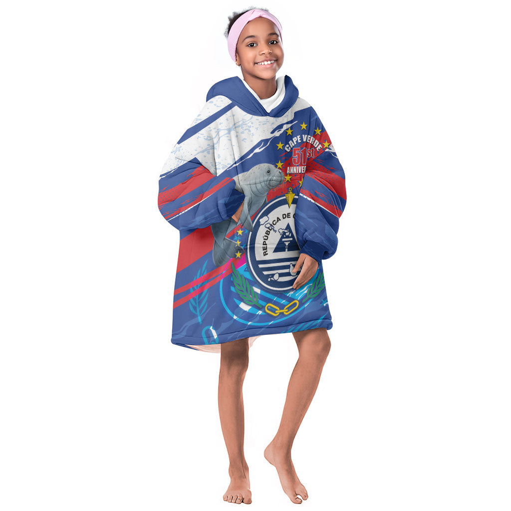 Personalized Cape Verde Independence Day Kid Wearable Blanket Hoodie 51st Anniversary Manatee Coat Of Arms