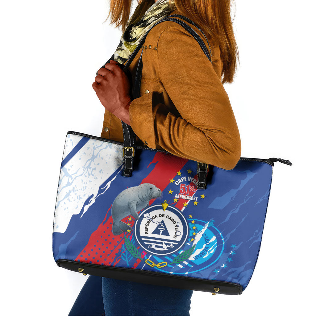Cape Verde Independence Day Leather Tote Bag 51st Anniversary Manatee Coat Of Arms