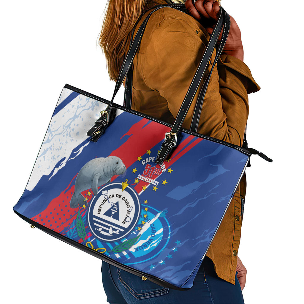 Cape Verde Independence Day Leather Tote Bag 51st Anniversary Manatee Coat Of Arms