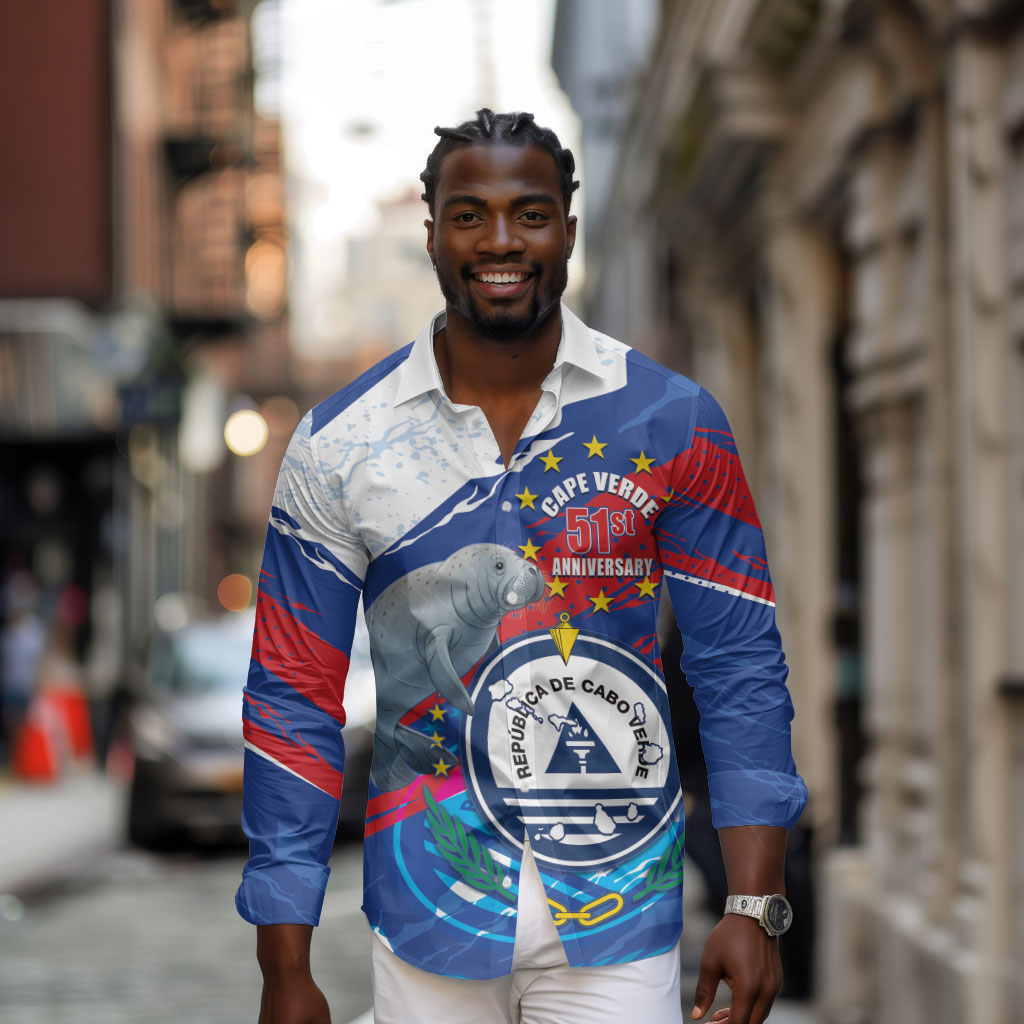 Personalized Cape Verde Independence Day Long Sleeve Button Shirt 51st Anniversary Manatee Coat Of Arms
