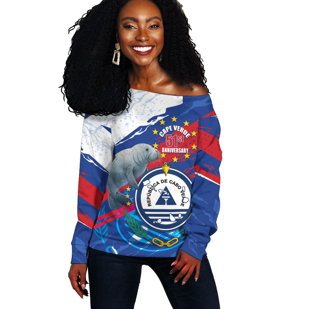 Personalized Cape Verde Independence Day Off Shoulder Sweater 51st Anniversary Manatee Coat Of Arms