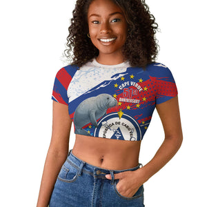 Personalized Cape Verde Independence Day Raglan Cropped T shirt 51st Anniversary Manatee Coat Of Arms
