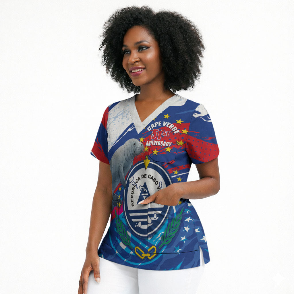 Personalized Cape Verde Independence Day Scrub Top 51st Anniversary Manatee Coat Of Arms