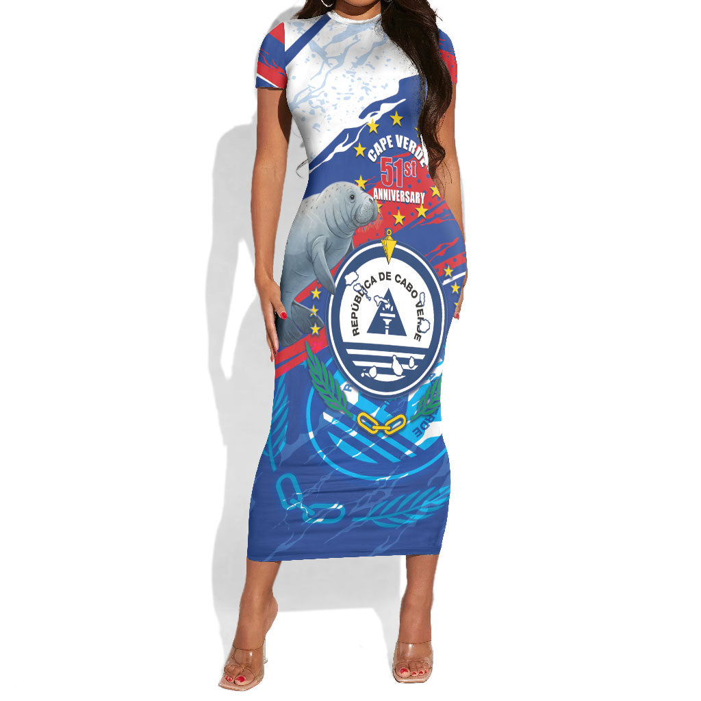 Personalized Cape Verde Independence Day Short Sleeve Bodycon Dress 51st Anniversary Manatee Coat Of Arms