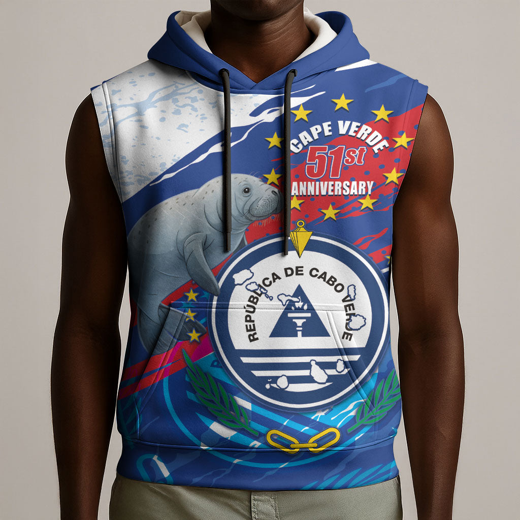 Personalized Cape Verde Independence Day Sleeveless Hoodie 51st Anniversary Manatee Coat Of Arms