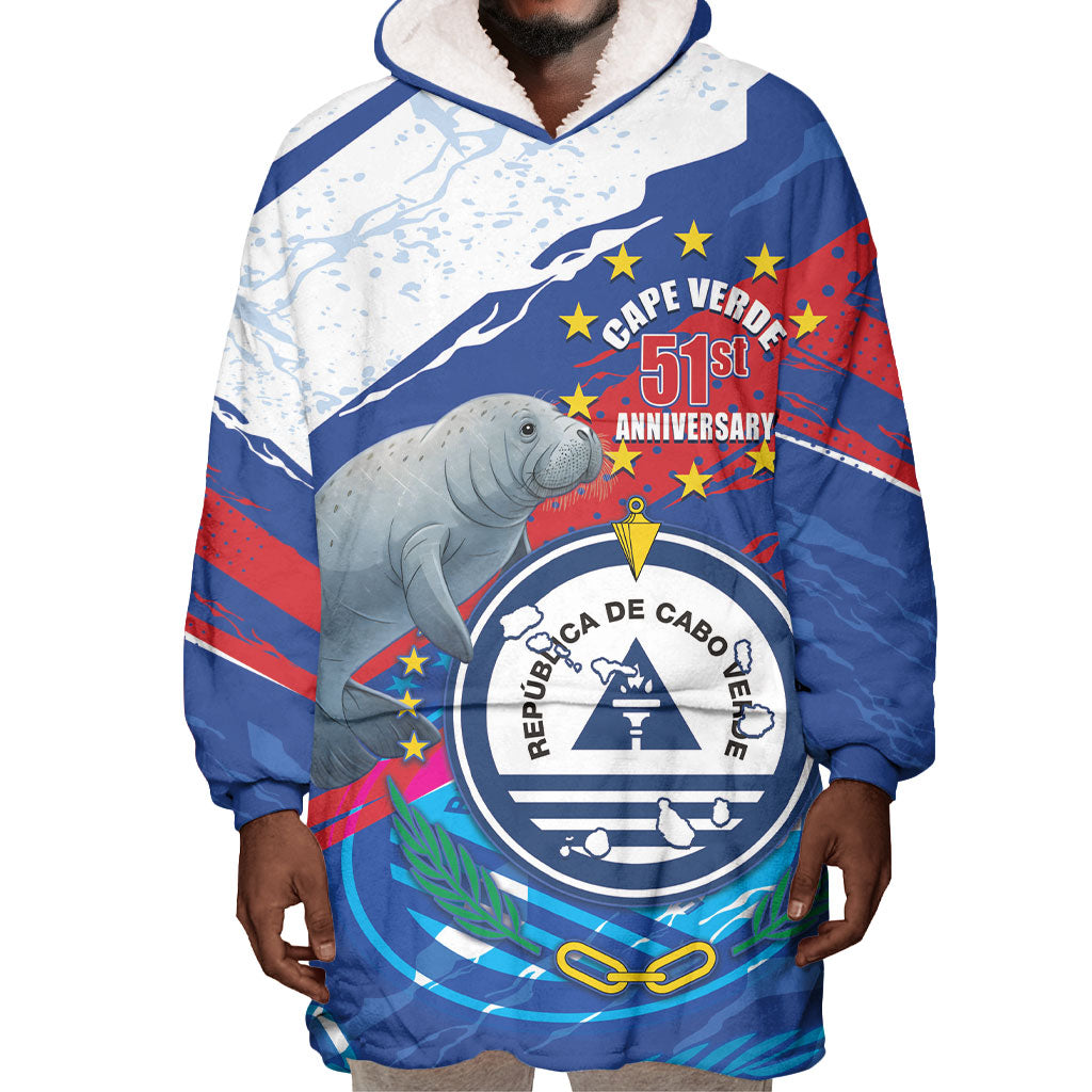 Personalized Cape Verde Independence Day Wearable Blanket Hoodie 51st Anniversary Manatee Coat Of Arms