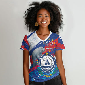 Personalized Cape Verde Independence Day Women V-Neck T-Shirt 51st Anniversary Manatee Coat Of Arms