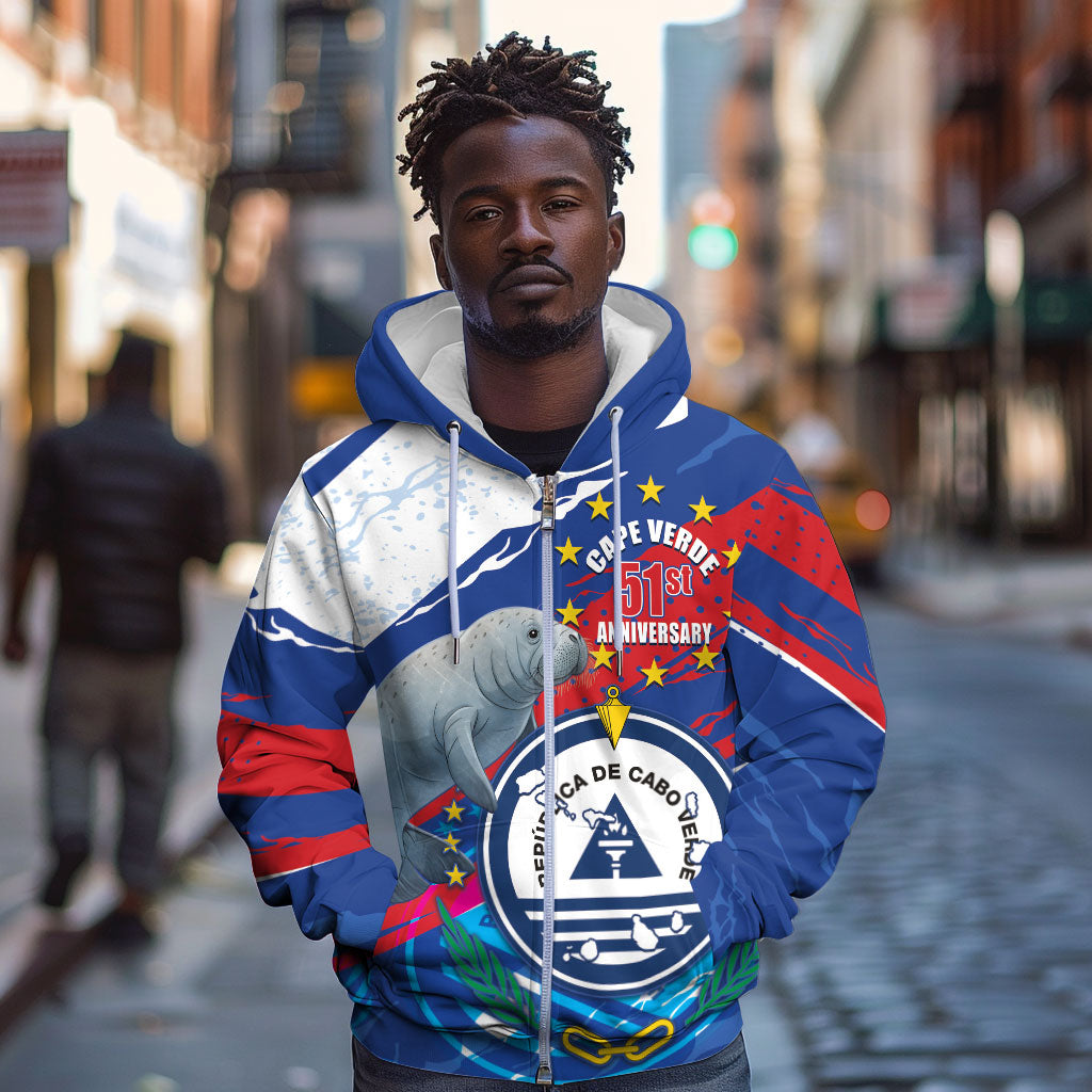 Personalized Cape Verde Independence Day Zip Hoodie 51st Anniversary Manatee Coat Of Arms