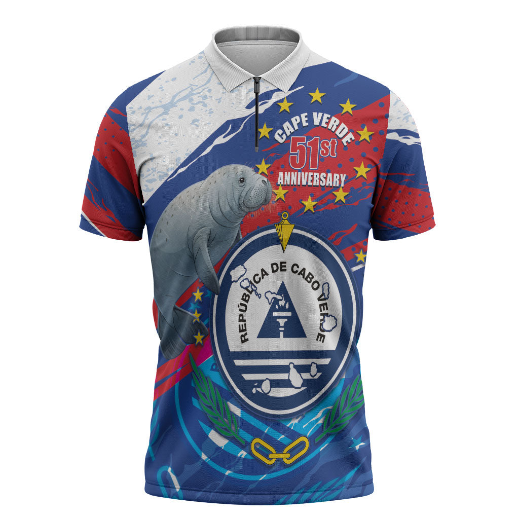 Personalized Cape Verde Independence Day Zipper Polo Shirt 51st Anniversary Manatee Coat Of Arms