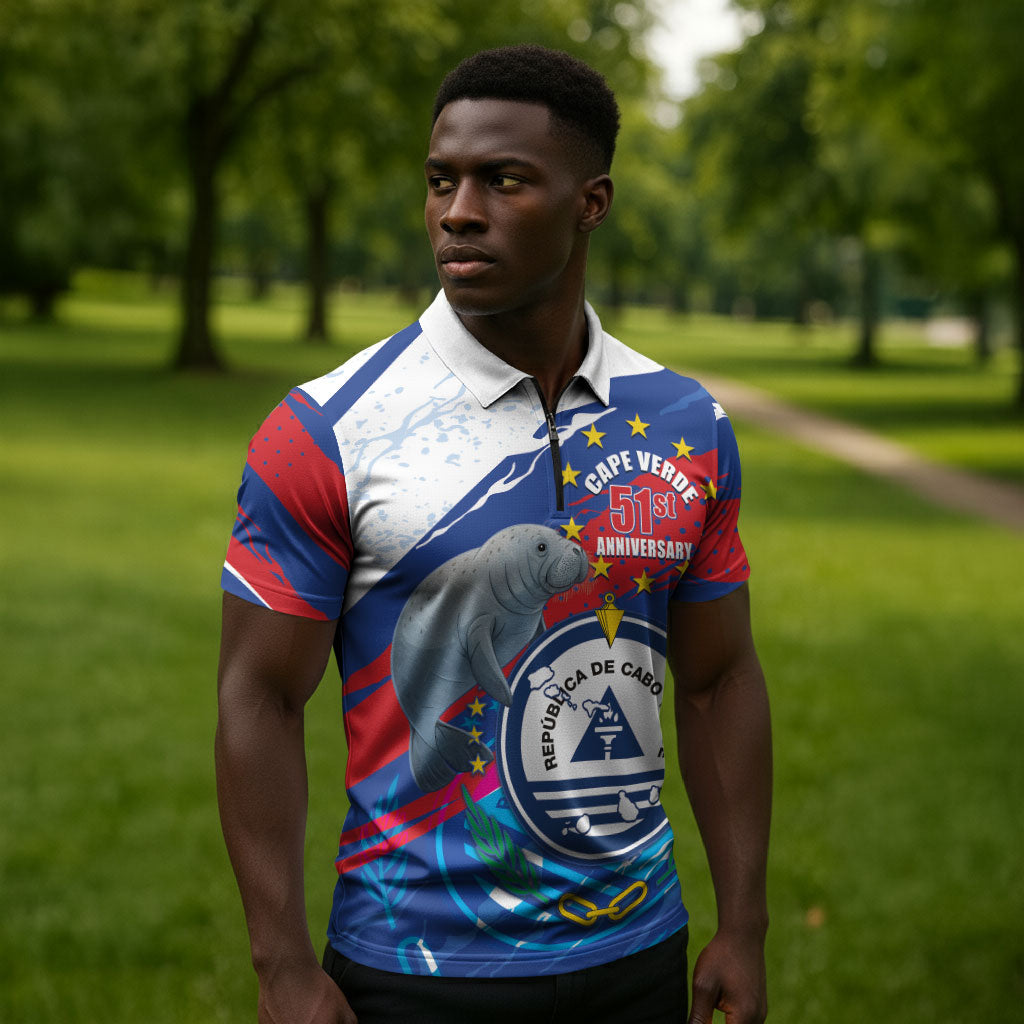 Personalized Cape Verde Independence Day Zipper Polo Shirt 51st Anniversary Manatee Coat Of Arms