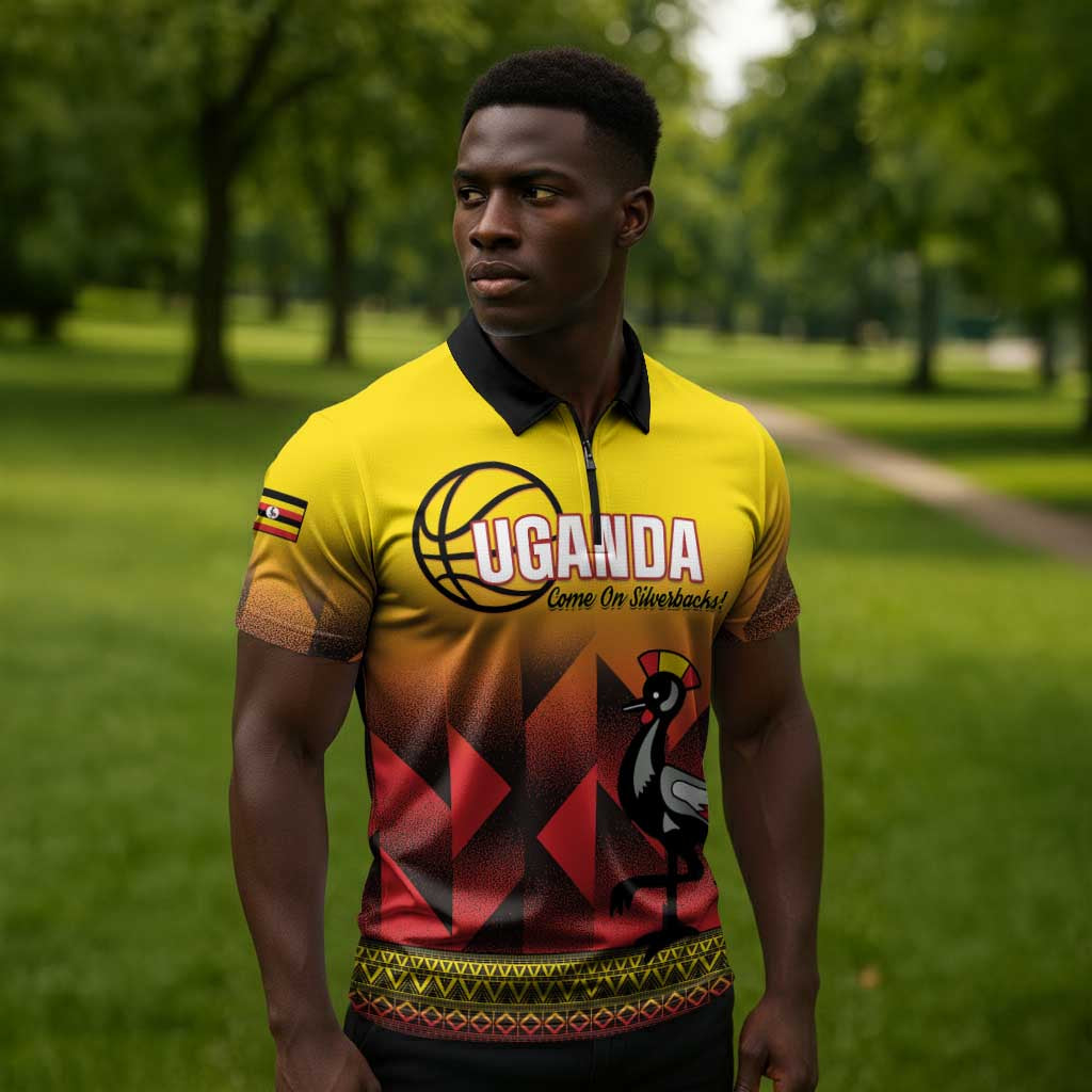 Uganda Basketball Custom Zipper Polo Shirt Come On Silverbacks African Pattern