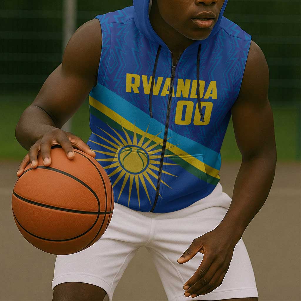 Afro Basketball Custom Rwanda Sleeveless Zip Hoodie Go Champions Imigongo Folk Pattern - African Pride