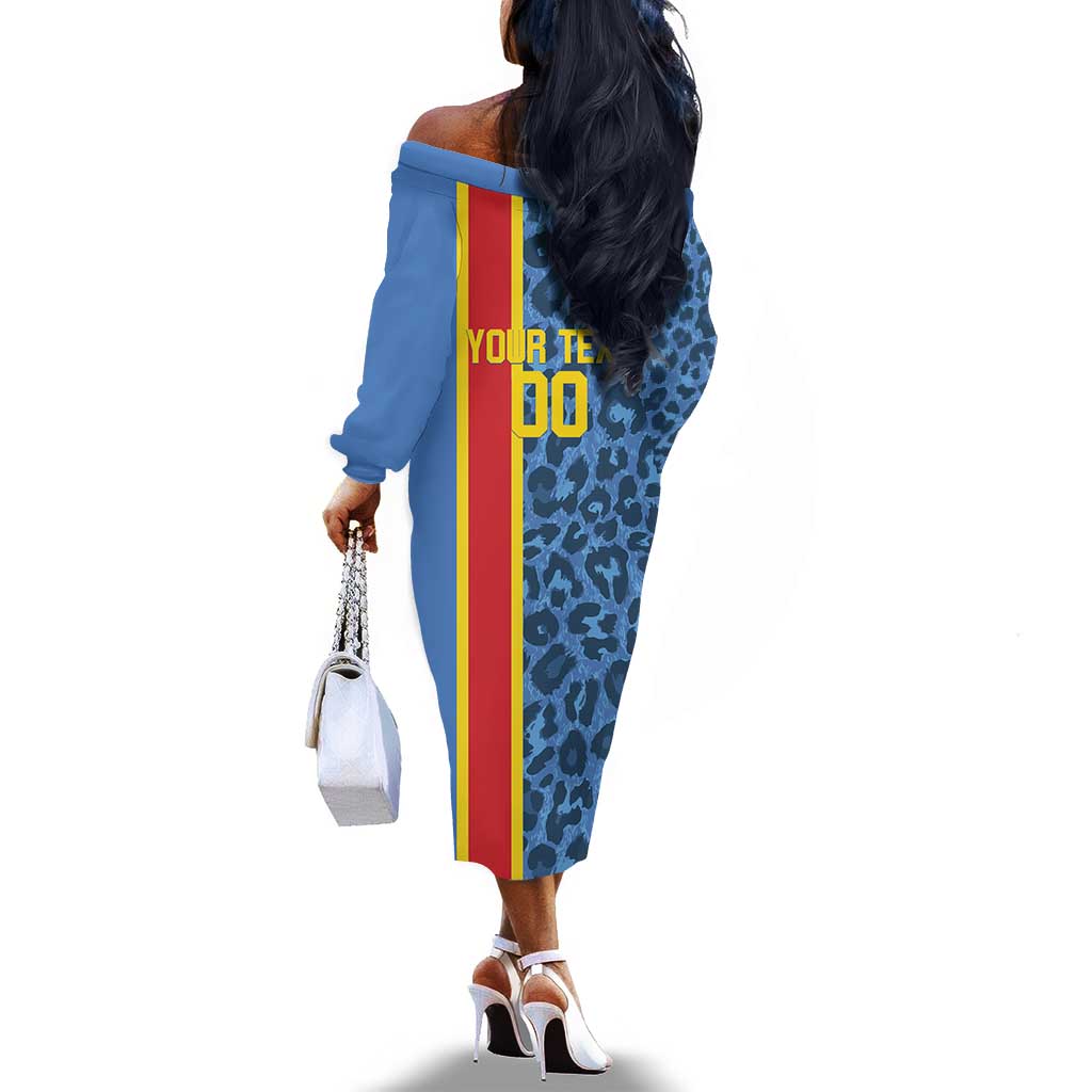 Afro Basketball Custom DR Congo Off The Shoulder Long Sleeve Dress Come On Leopards Skin Pattern - African Pride