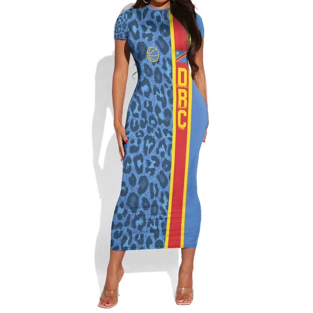 Afro Basketball Custom DR Congo Short Sleeve Bodycon Dress Come On Leopards Skin Pattern - African Pride