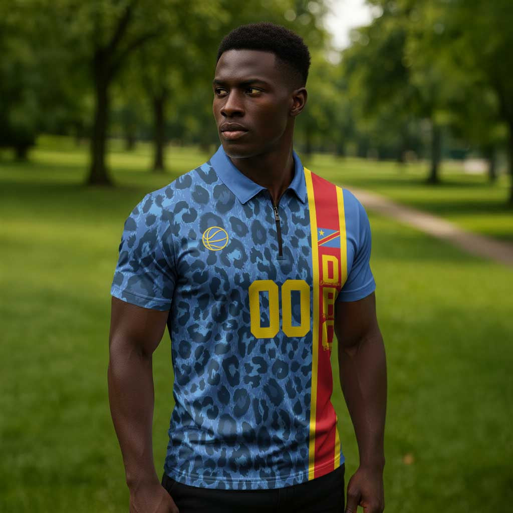 DR Congo Basketball Custom Zipper Polo Shirt Come On Leopards Skin Pattern