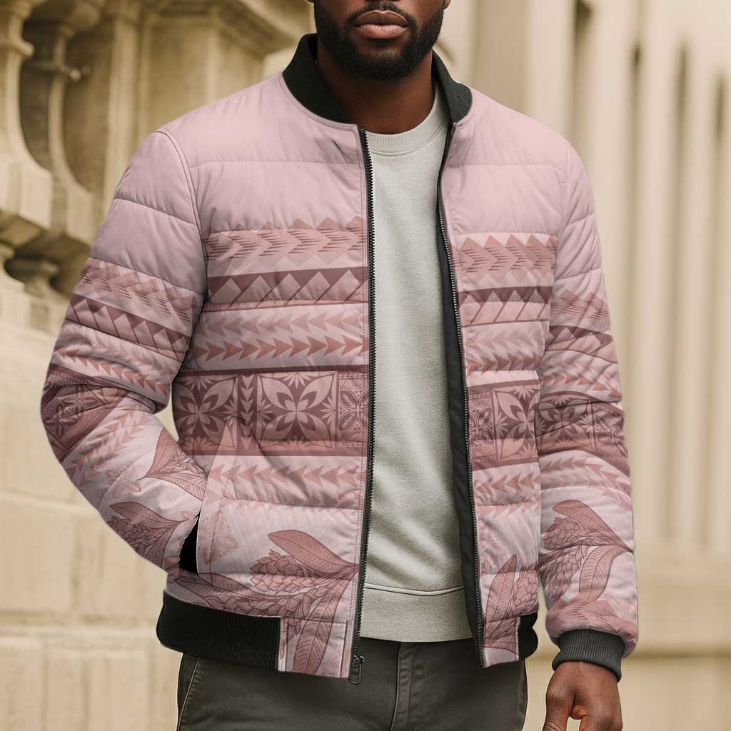 Pastel Pink Samoa Siapo Teuila Flowers Bomber Puffer Jacket