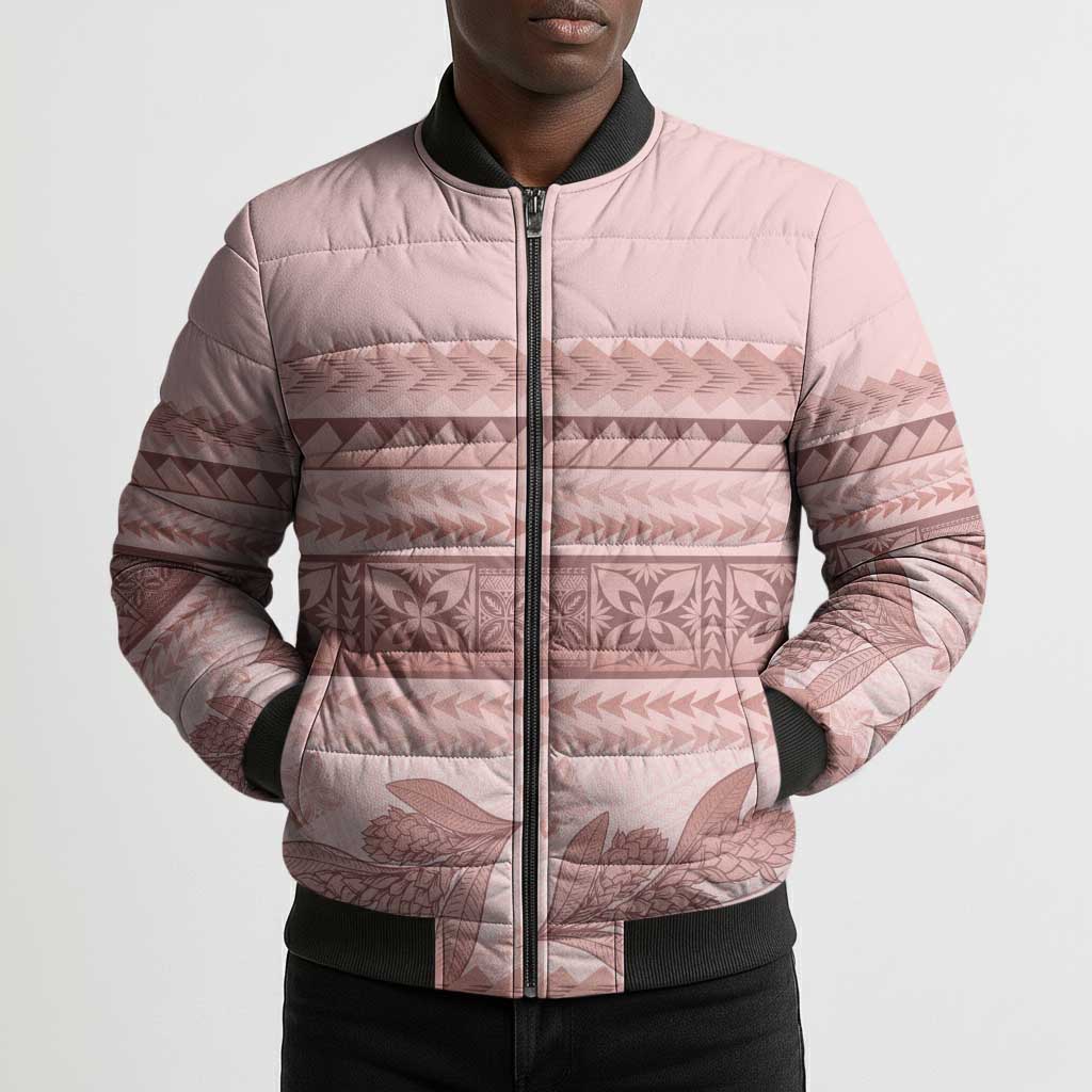Pastel Pink Samoa Siapo Teuila Flowers Bomber Puffer Jacket
