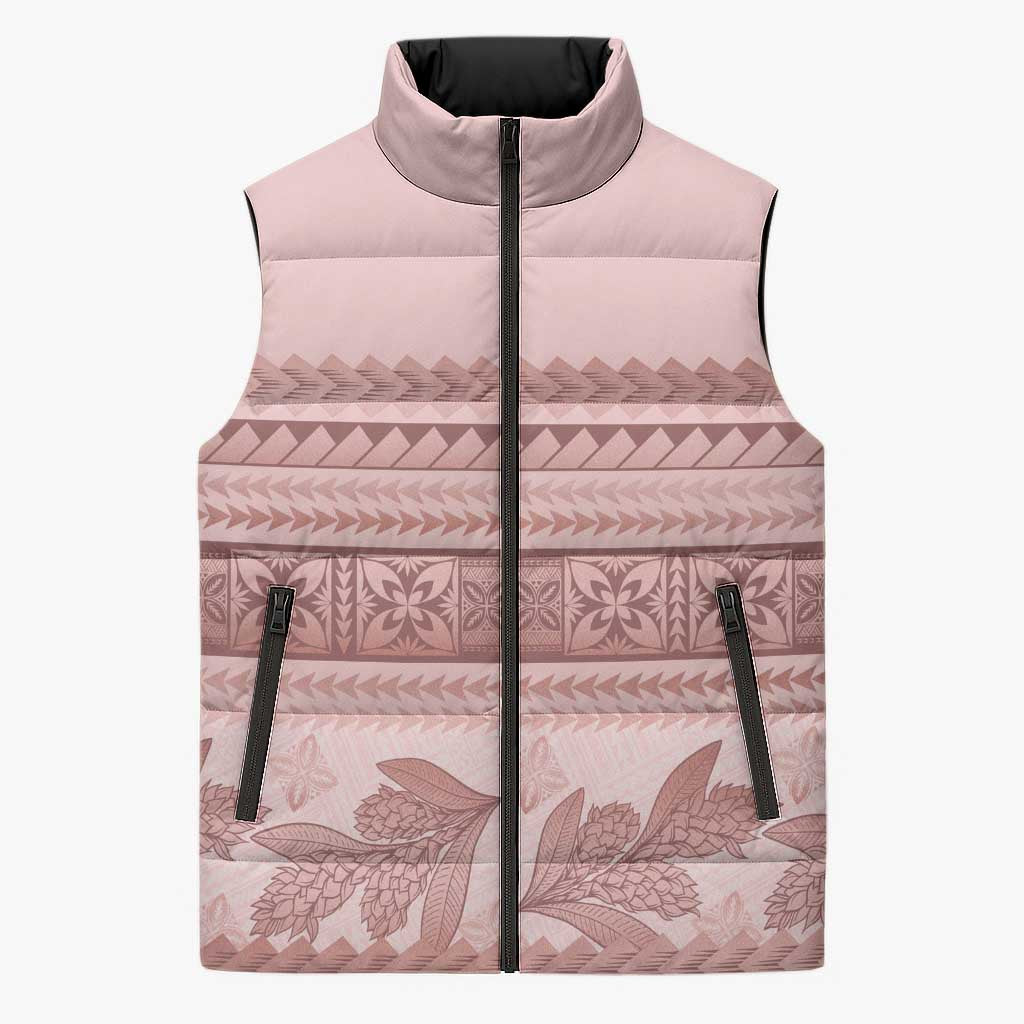 Pastel Pink Samoa Siapo Teuila Flowers Sleeveless Puffer Jacket