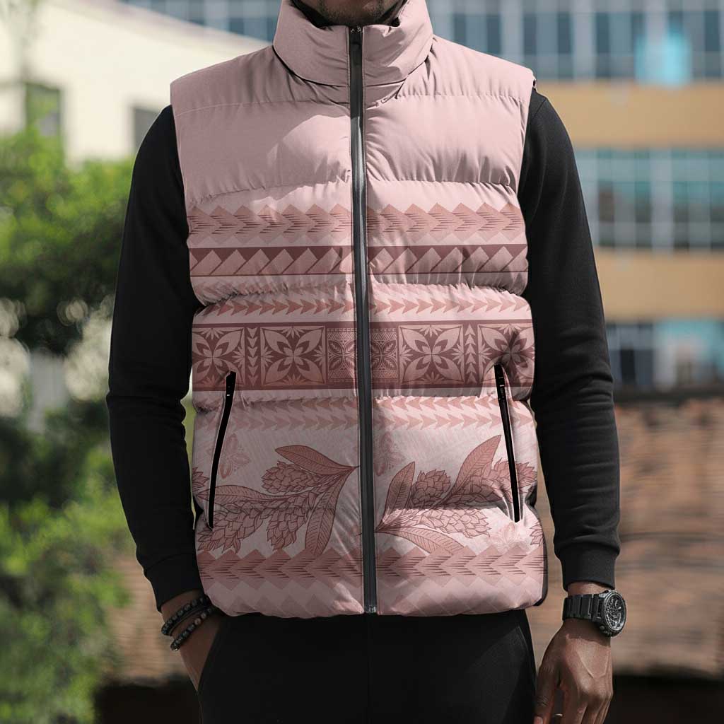 Pastel Pink Samoa Siapo Teuila Flowers Sleeveless Puffer Jacket