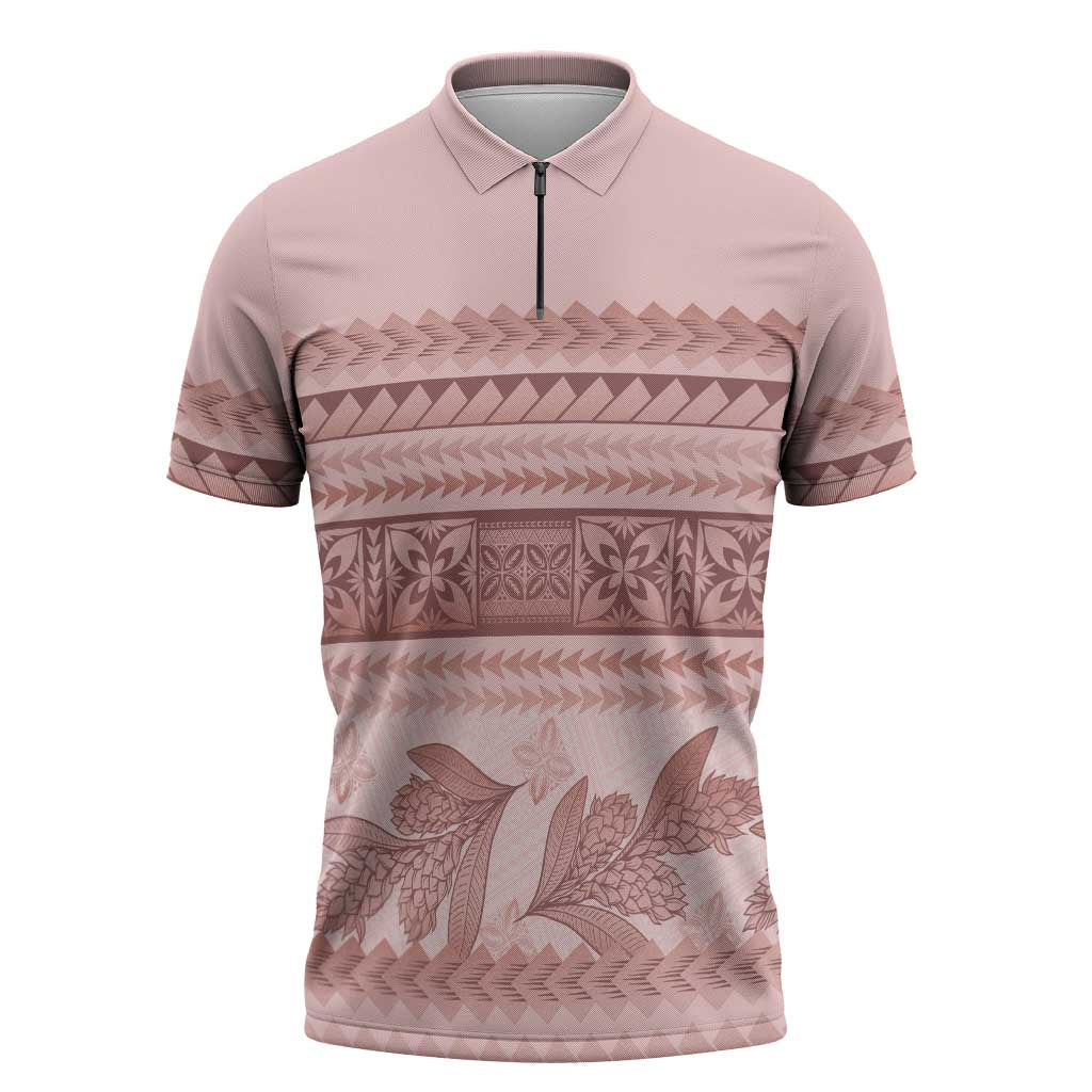 Pastel Pink Samoa Siapo Teuila Flowers Zipper Polo Shirt