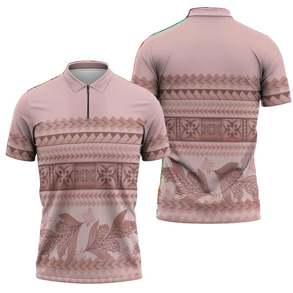 Pastel Pink Samoa Siapo Teuila Flowers Zipper Polo Shirt