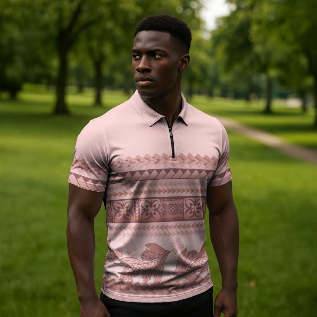 Pastel Pink Samoa Siapo Teuila Flowers Zipper Polo Shirt