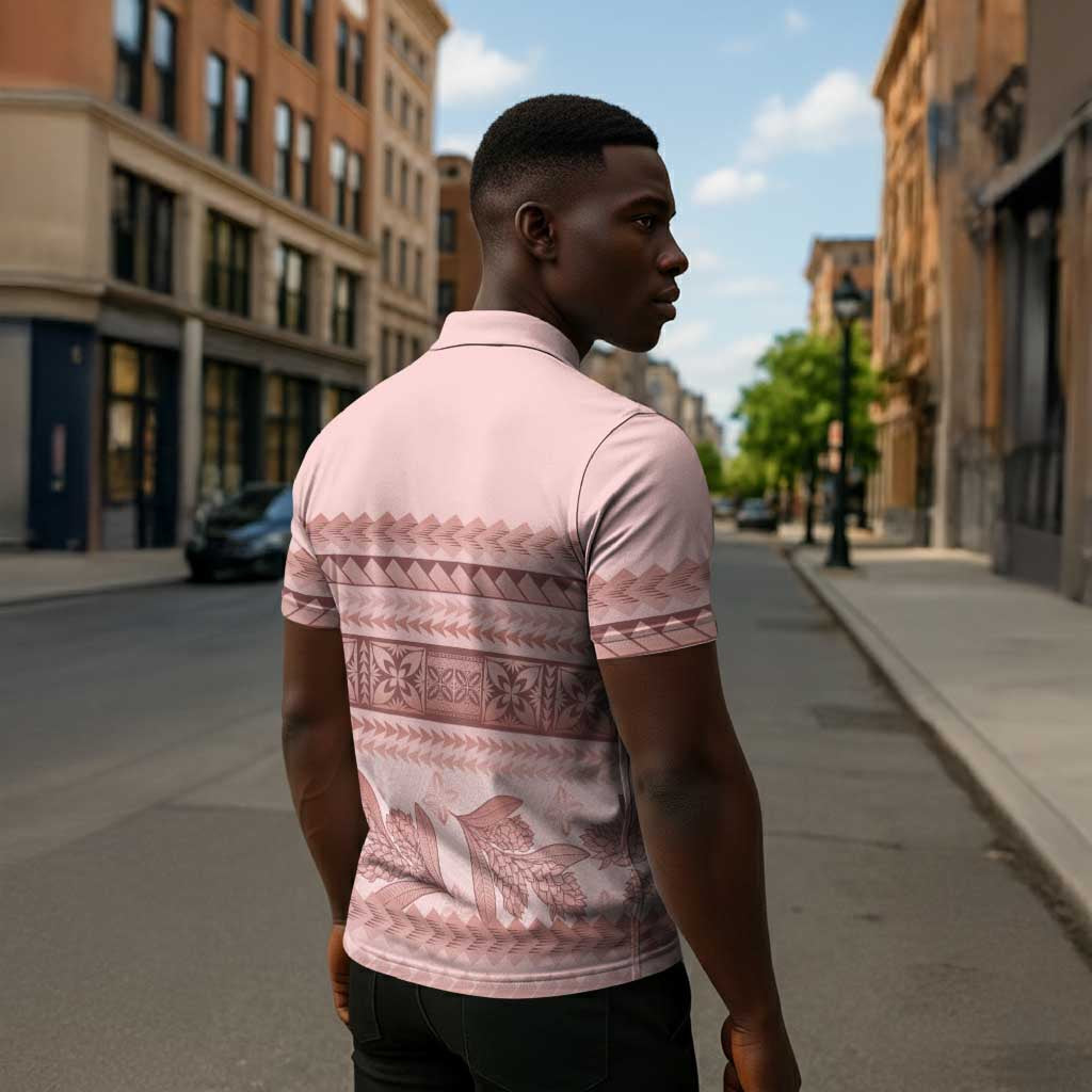 Pastel Pink Samoa Siapo Teuila Flowers Zipper Polo Shirt