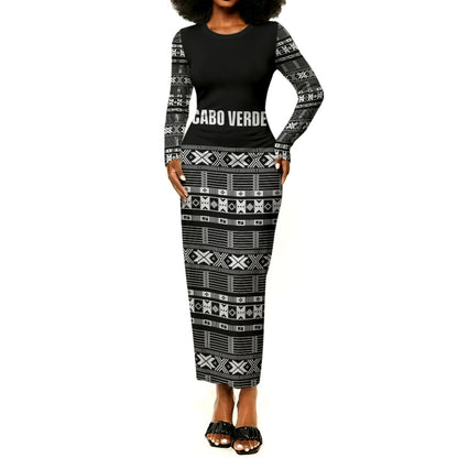 Pano De Terra Motifs Cabo Verde Long Sleeve Bodycon Dress Black Color