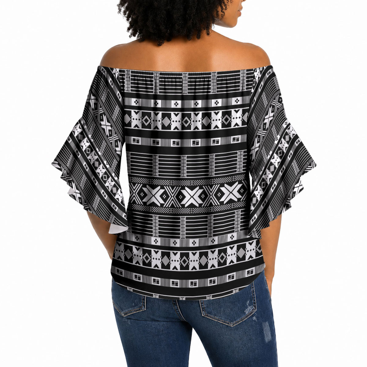 Pano De Terra Motifs Cabo Verde Off Shoulder Wrap Waist Top Black Color