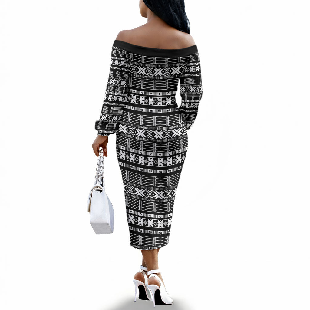 Pano De Terra Motifs Cabo Verde Off The Shoulder Long Sleeve Dress Black Color