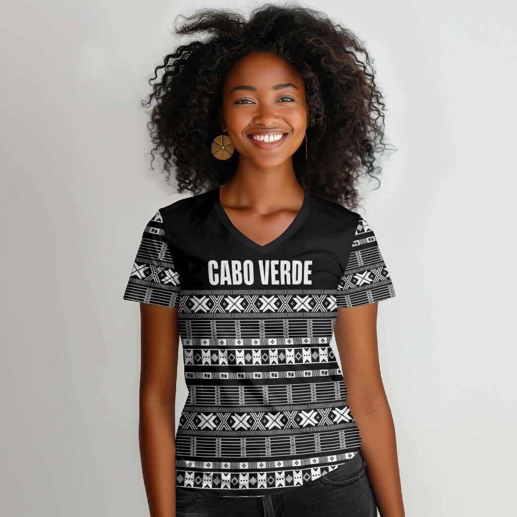 Pano De Terra Motifs Cabo Verde Women V-Neck T-Shirt Black Color
