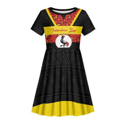 Personalized Uganda Independence Day Kid Short Sleeve Dress Ugandan Kitenge African Pattern