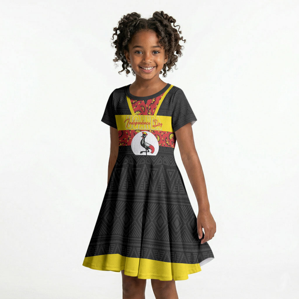 Personalized Uganda Independence Day Kid Short Sleeve Dress Ugandan Kitenge African Pattern