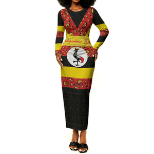 Personalized Uganda Independence Day Long Sleeve Bodycon Dress Ugandan Kitenge African Pattern