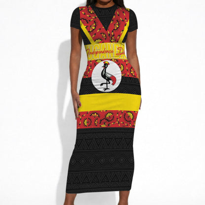 Personalized Uganda Independence Day Short Sleeve Bodycon Dress Ugandan Kitenge African Pattern