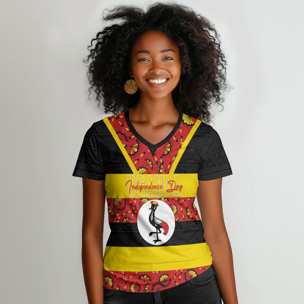 Personalized Uganda Independence Day Women V-Neck T-Shirt Ugandan Kitenge African Pattern