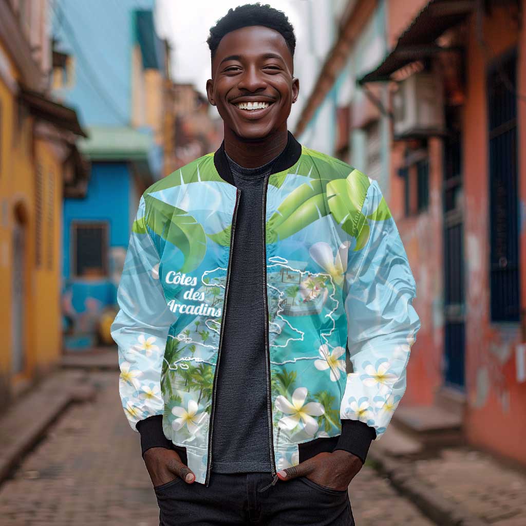Afro Haiti Cotes des Arcadins Bomber Jacket Ayiti Map With Royal Palm Plumeria - African Pride