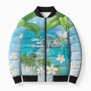Afro Haiti Cotes des Arcadins Bomber Puffer Jacket Ayiti Map With Royal Palm Plumeria - African Pride